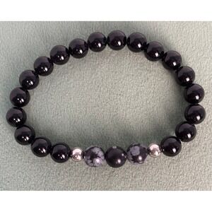Black Onyx & Snowflake Obsidian Stretch Bead Bracelet Silver Accent Unisex P158